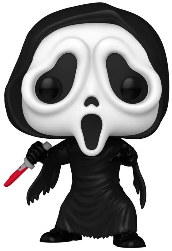 Funko Pop! vinyl figure of a Scream movie Ghost Face character with a white face mask and black outfit holding a red knife on a white background